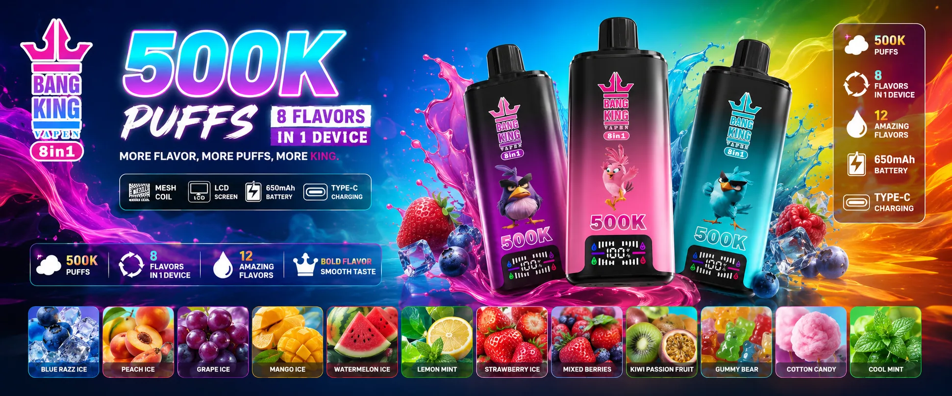 VAPLYNK wholesale — BANG KING 8in1 500K 500,000 puffs disposable, mesh coil, LCD screen, 650mAh Type-C, 12 flavors, EU & US warehouse stock