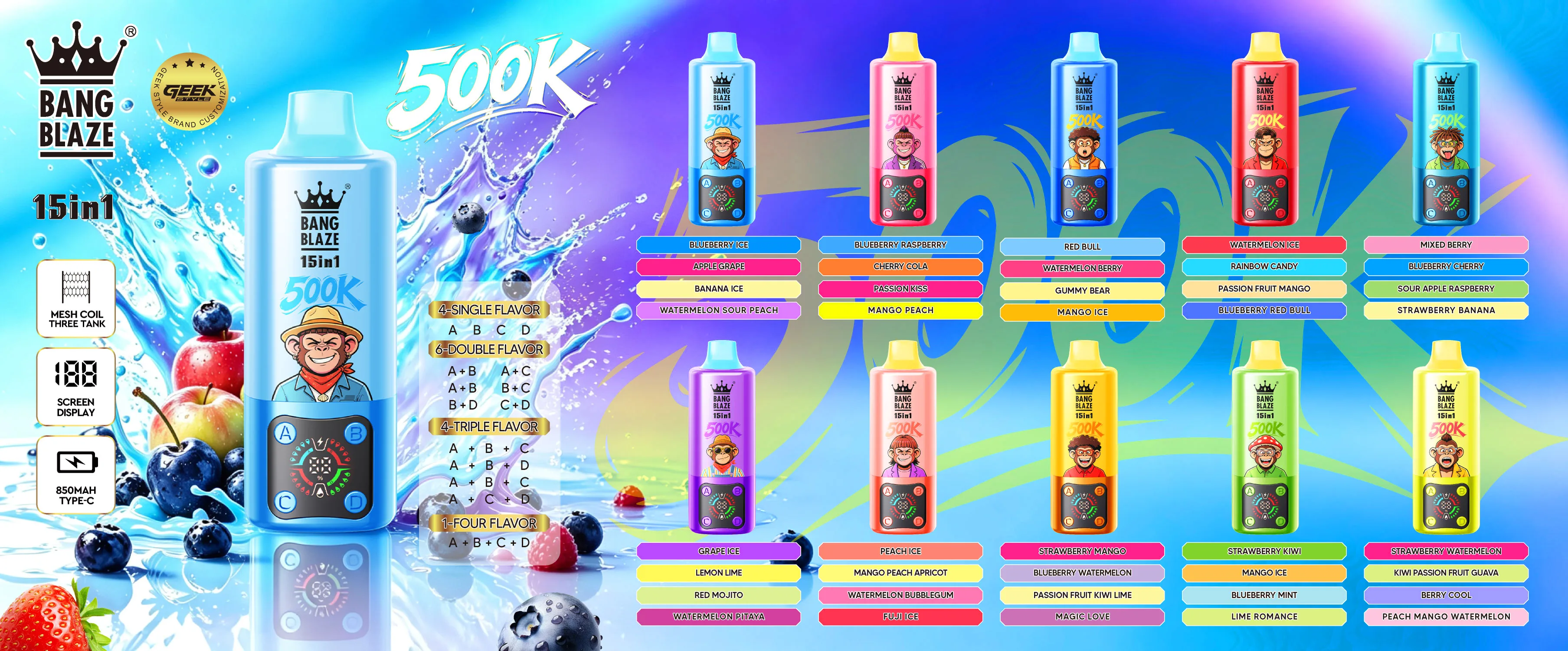 VAPLYNK wholesale — BANG BLAZE 15in1 500K 500,000 puffs disposable, mesh coil triple tank, LCD screen, 850mAh Type-C, 20 flavors, EU & US warehouse stock