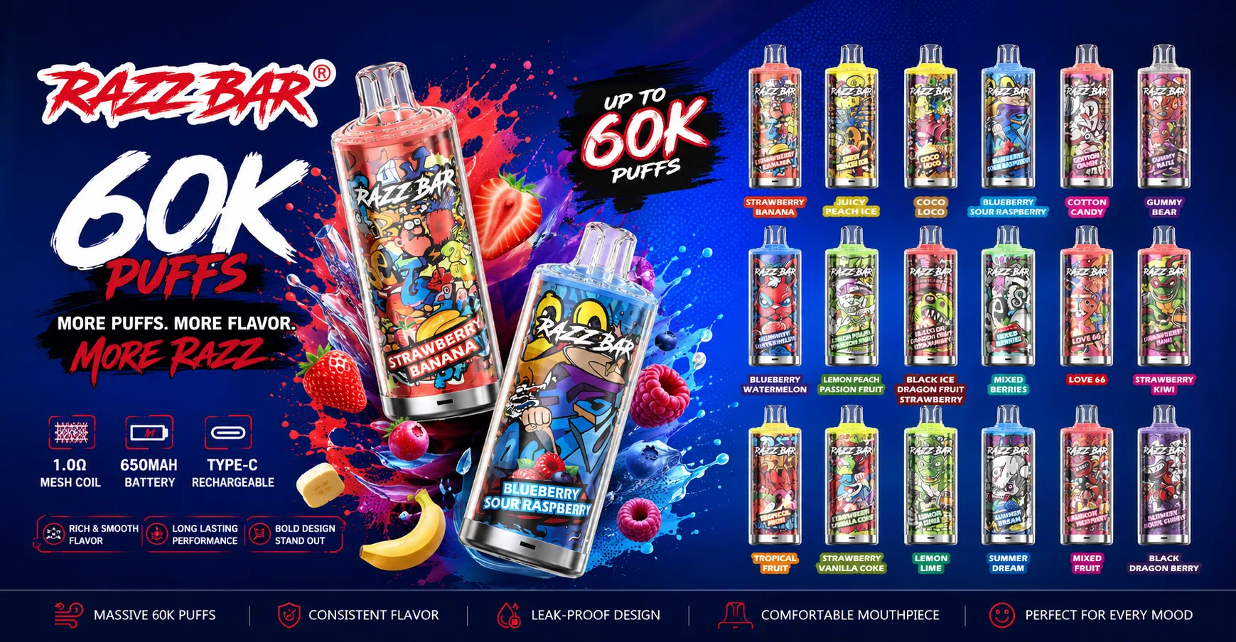VAPLYNK wholesale — Razz Bar 60K 60,000 puffs disposable, 1.0Ω mesh coil, 650mAh Type-C, 18 flavors, EU & US warehouse stock