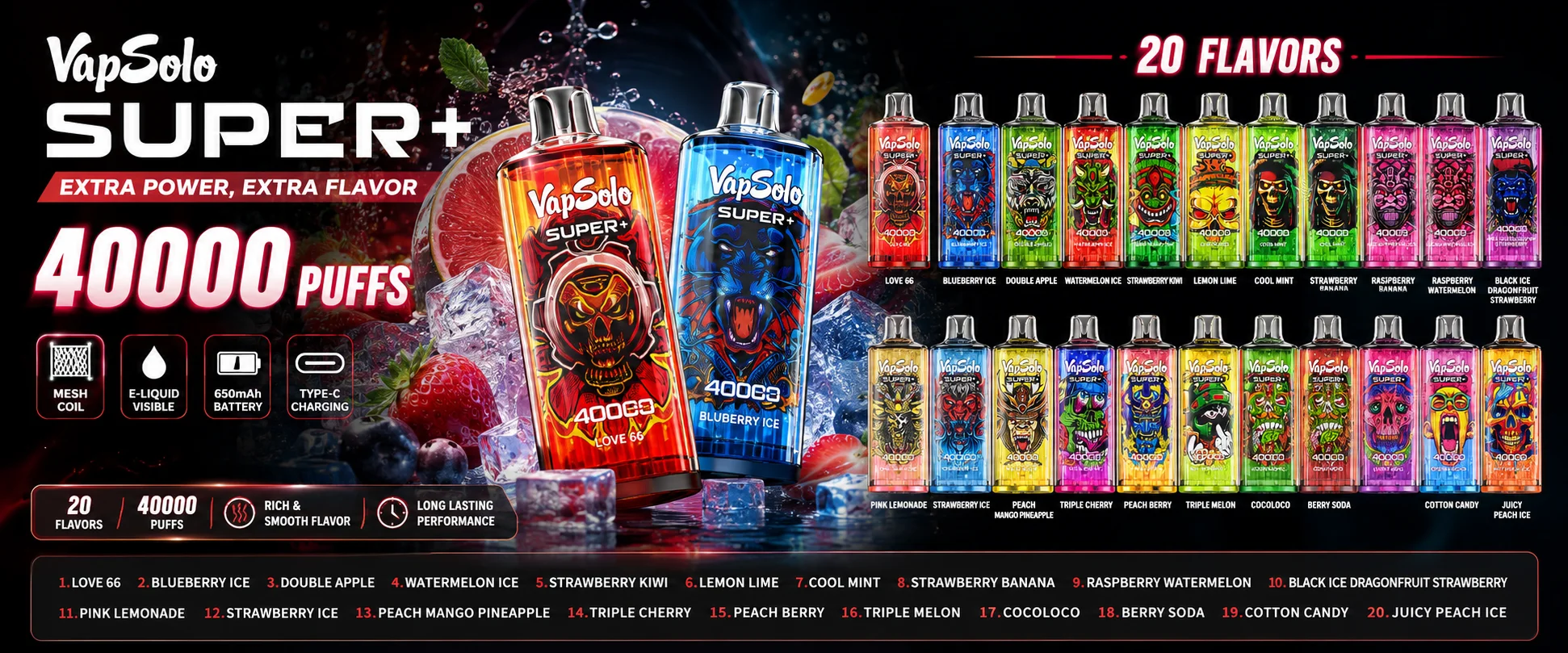 VAPLYNK wholesale — Vapsolo SUPER+ 40,000 puffs disposable, 1.0Ω mesh coil, 650mAh Type-C, 20 flavors, EU & US warehouse stock